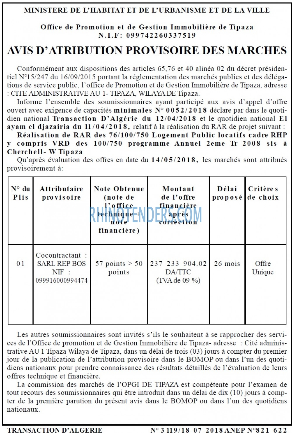 TRANSACTION D'ALGERIE