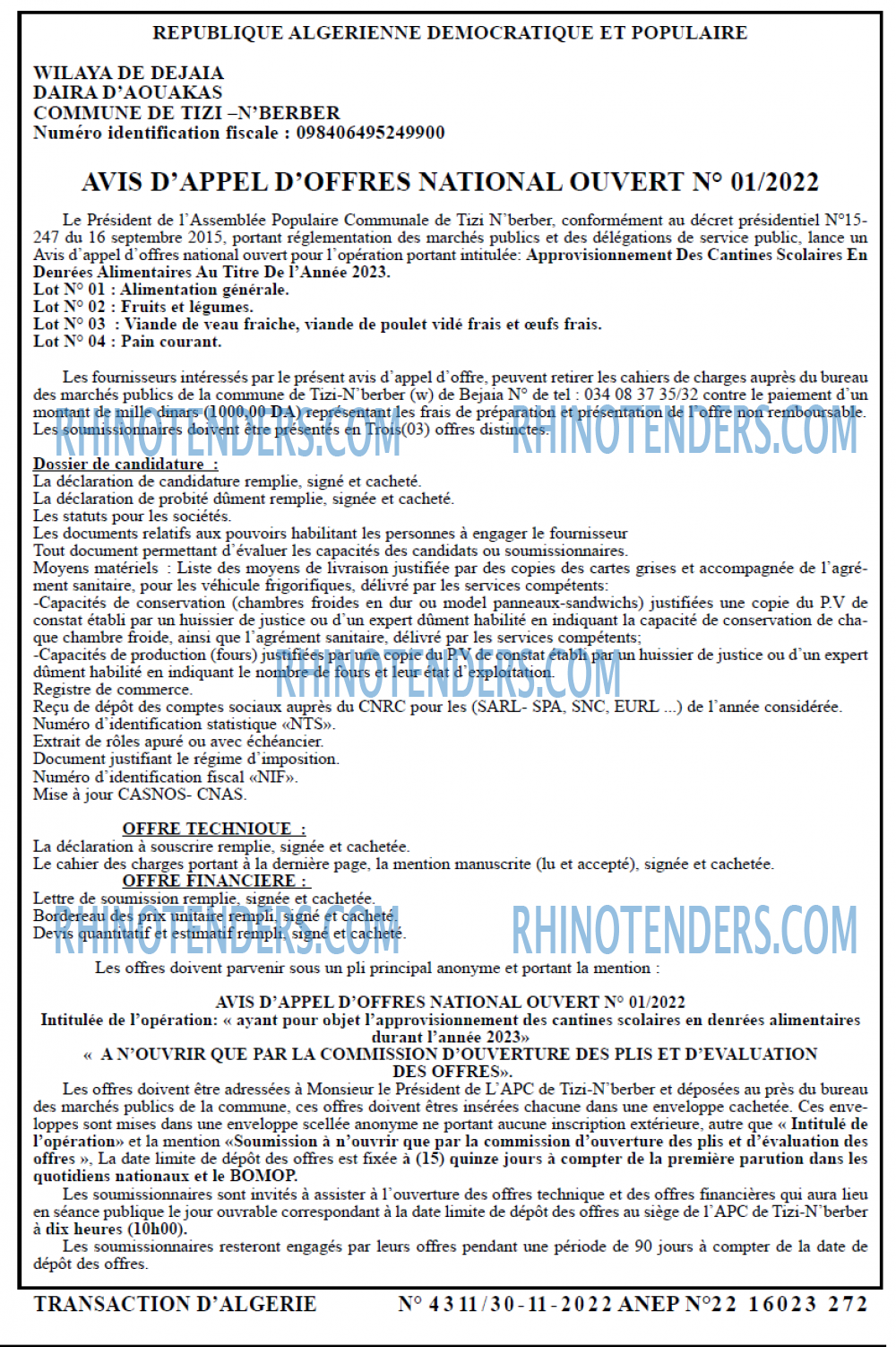 TRANSACTION D'ALGERIE