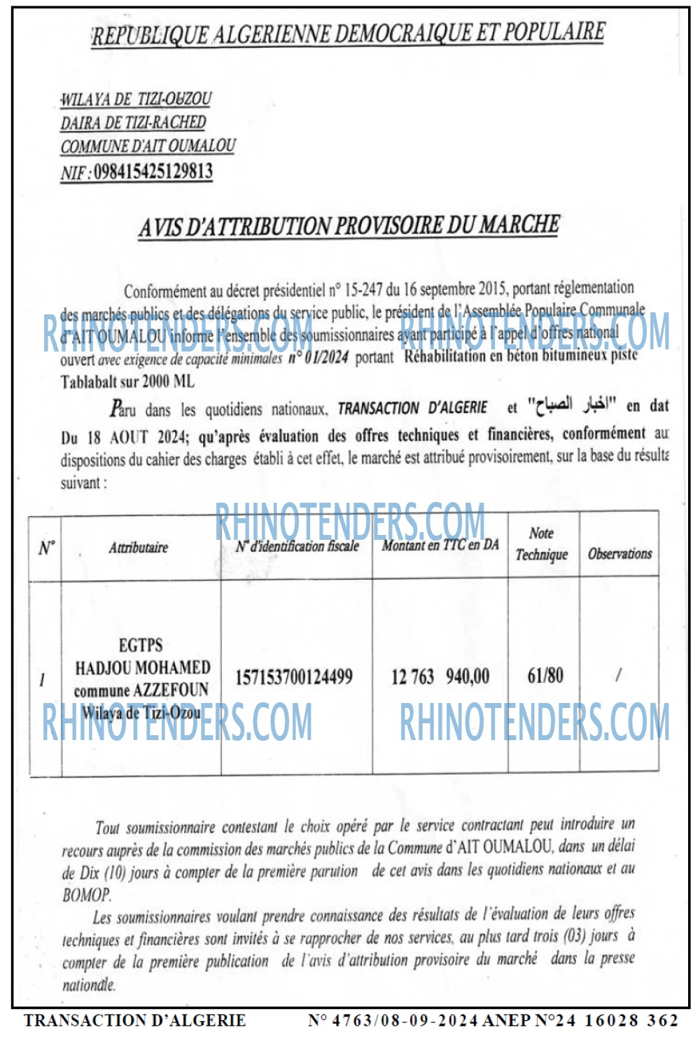 TRANSACTION D'ALGERIE