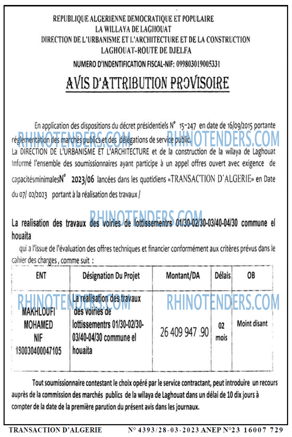 TRANSACTION D'ALGERIE