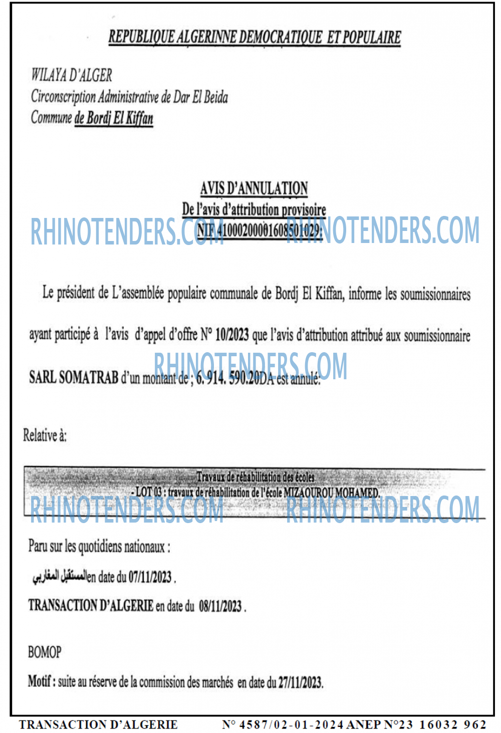TRANSACTION D'ALGERIE