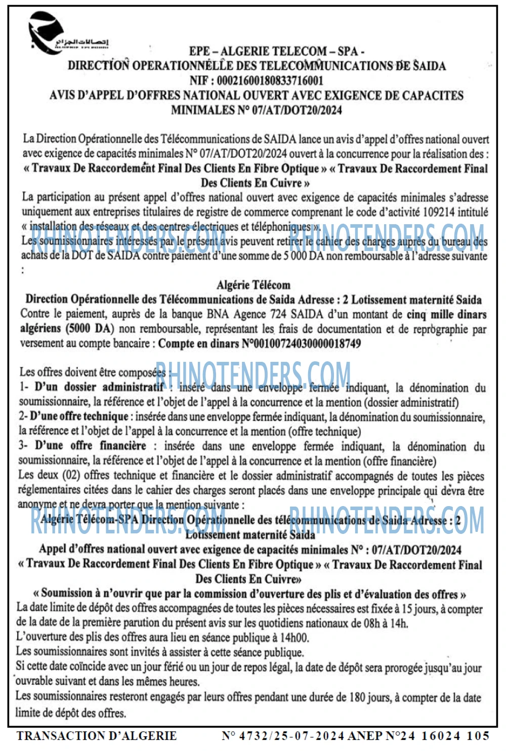 TRANSACTION D'ALGERIE
