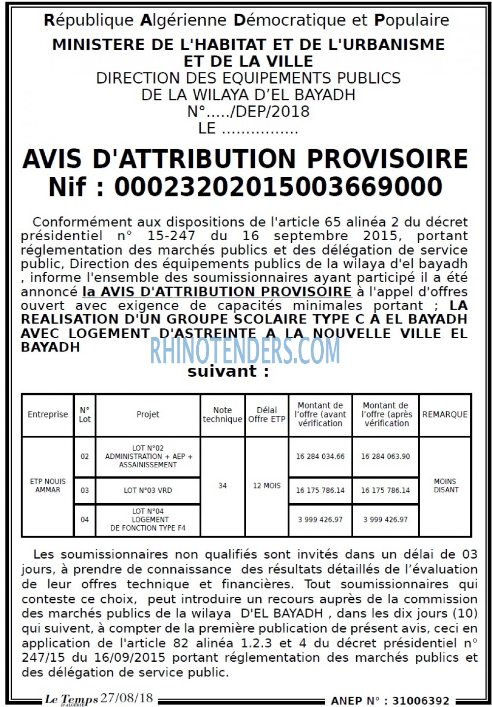 LE TEMPS D'ALGERIE