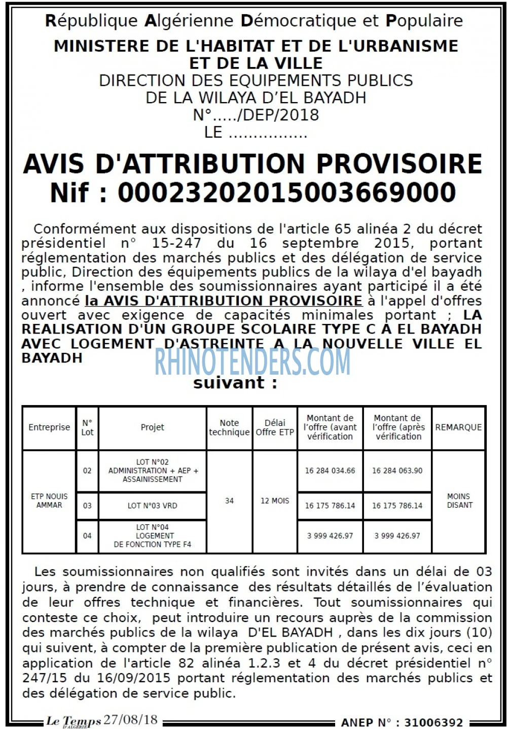 LE TEMPS D'ALGERIE