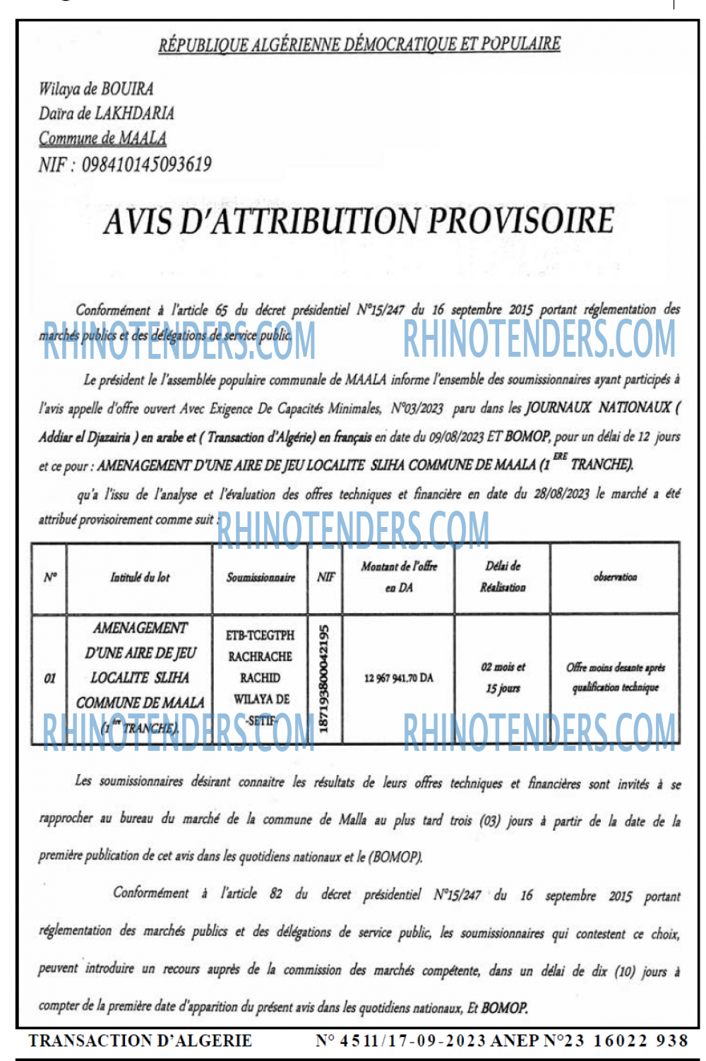 TRANSACTION D'ALGERIE