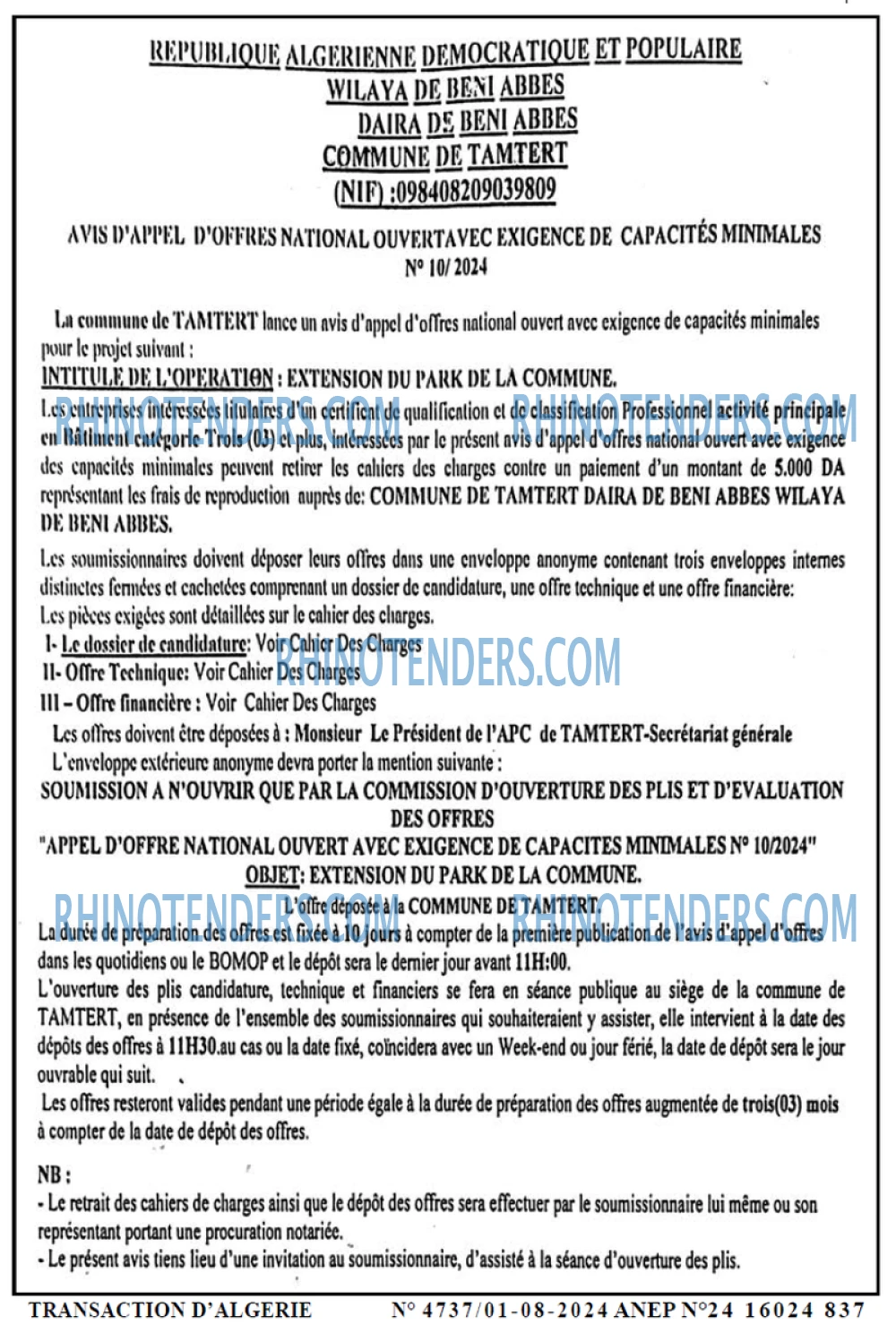 TRANSACTION D'ALGERIE