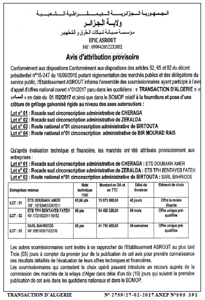 TRANSACTION D'ALGERIE