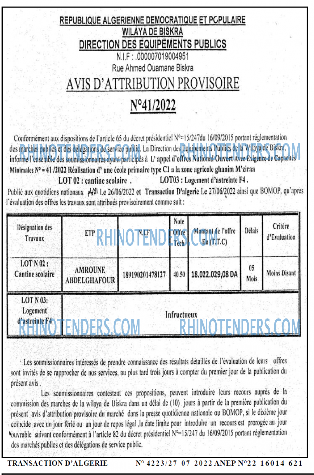TRANSACTION D'ALGERIE
