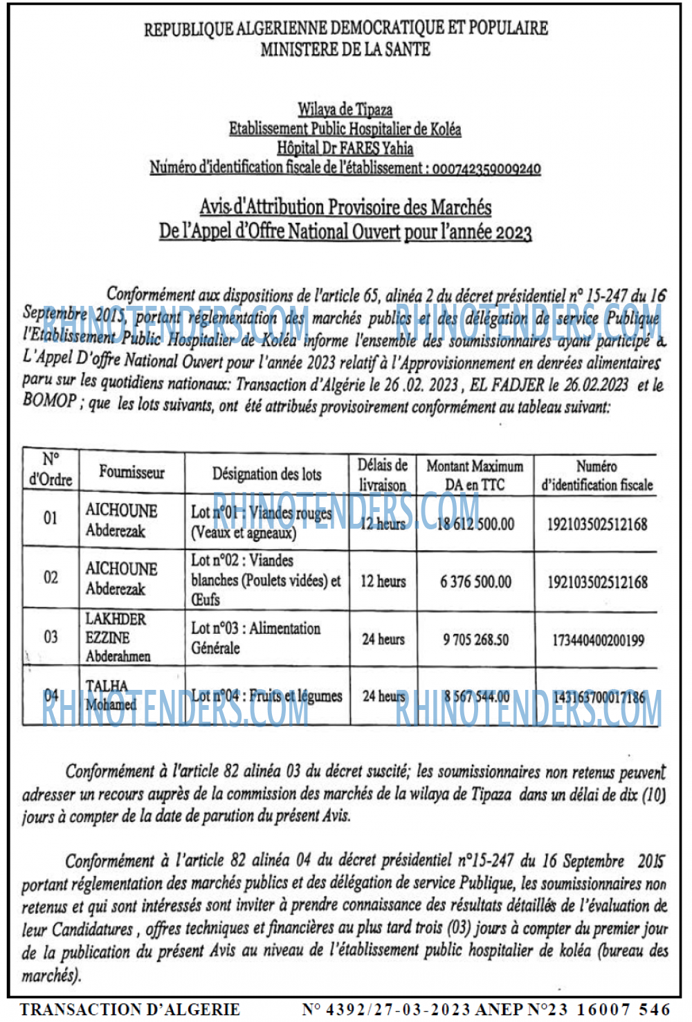 TRANSACTION D'ALGERIE