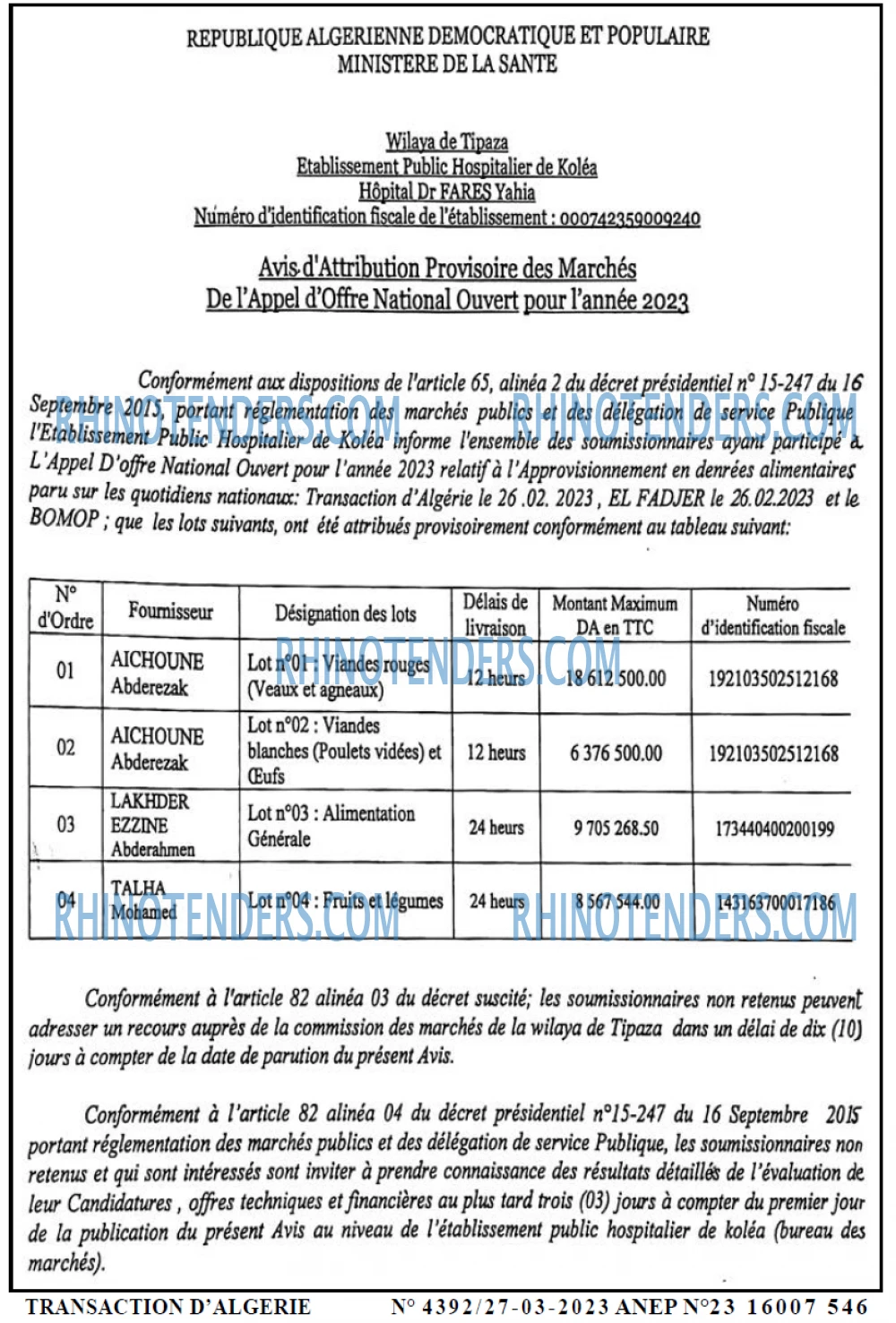 TRANSACTION D'ALGERIE