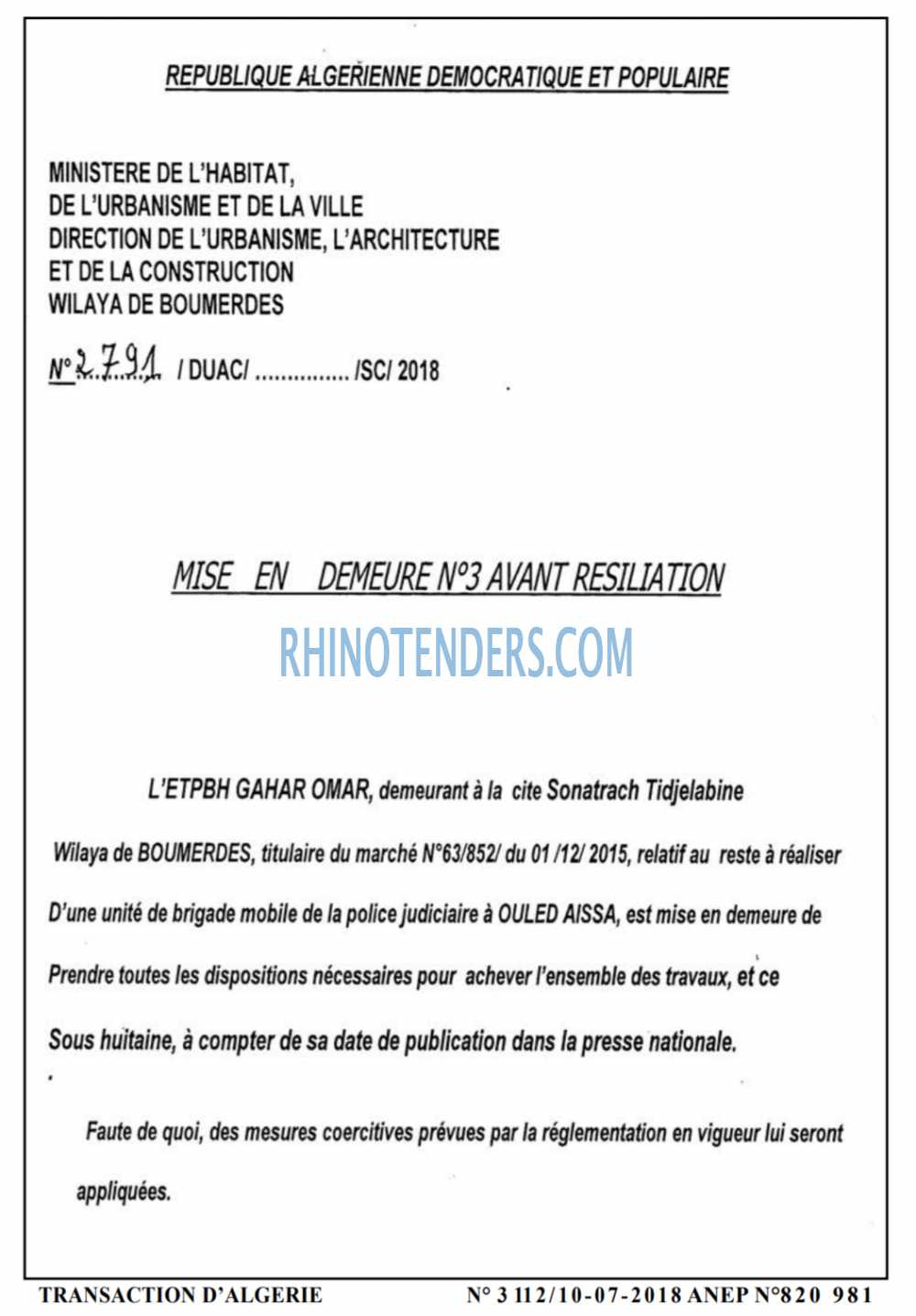 TRANSACTION D'ALGERIE