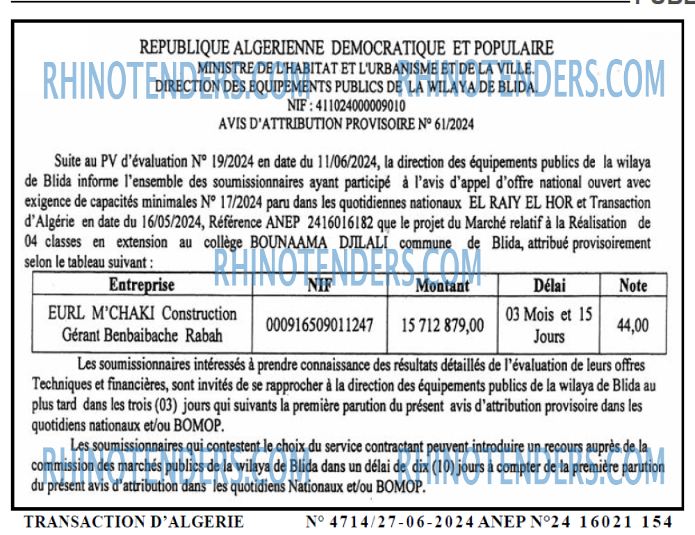 TRANSACTION D'ALGERIE