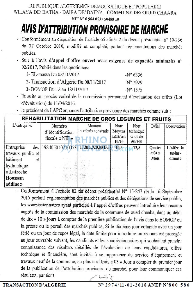 TRANSACTION D'ALGERIE