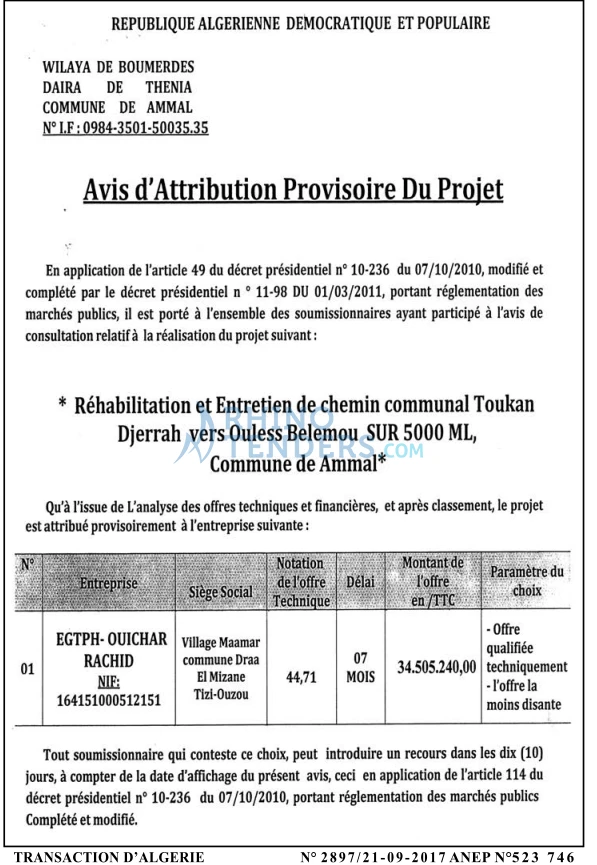 TRANSACTION D'ALGERIE