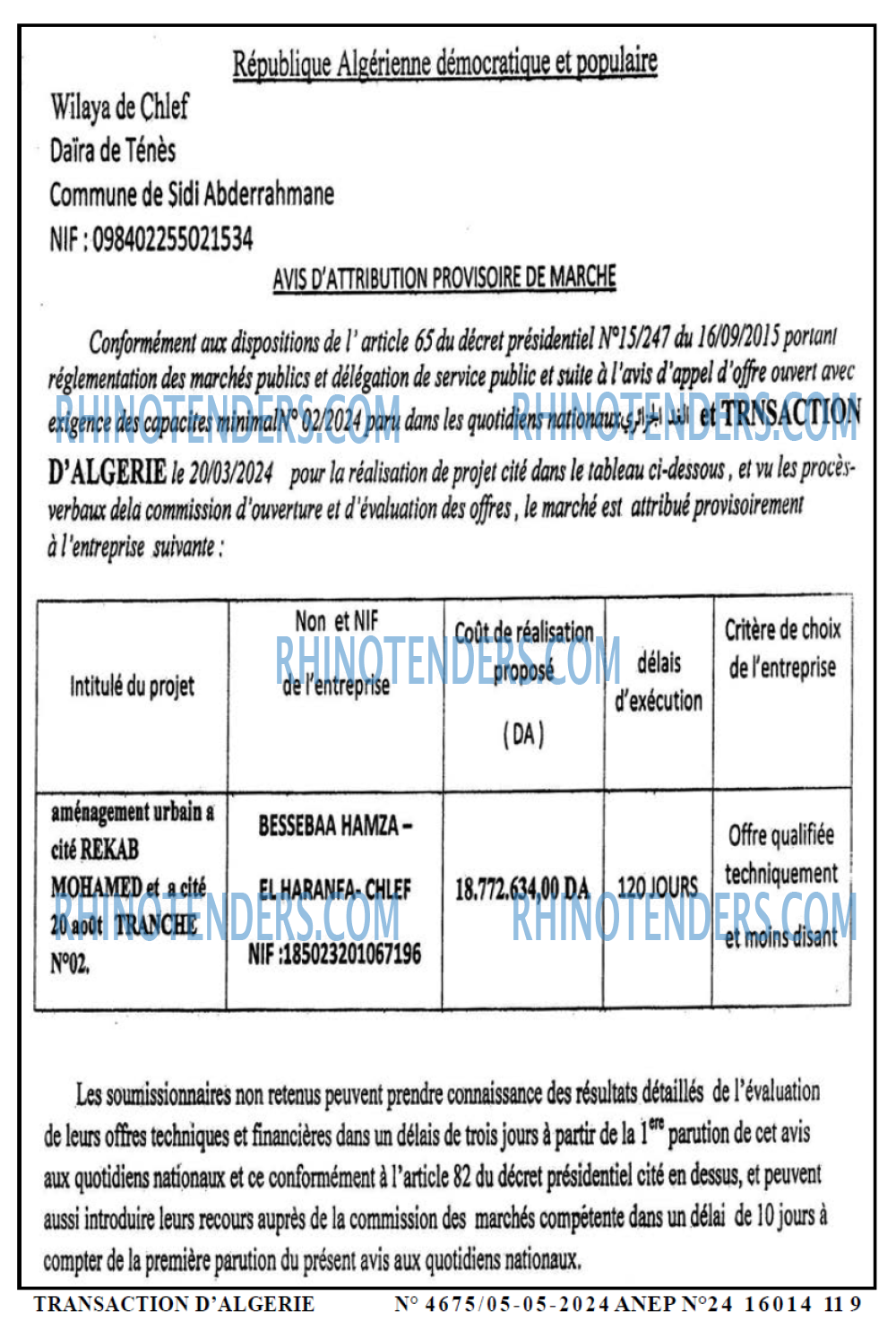 TRANSACTION D'ALGERIE