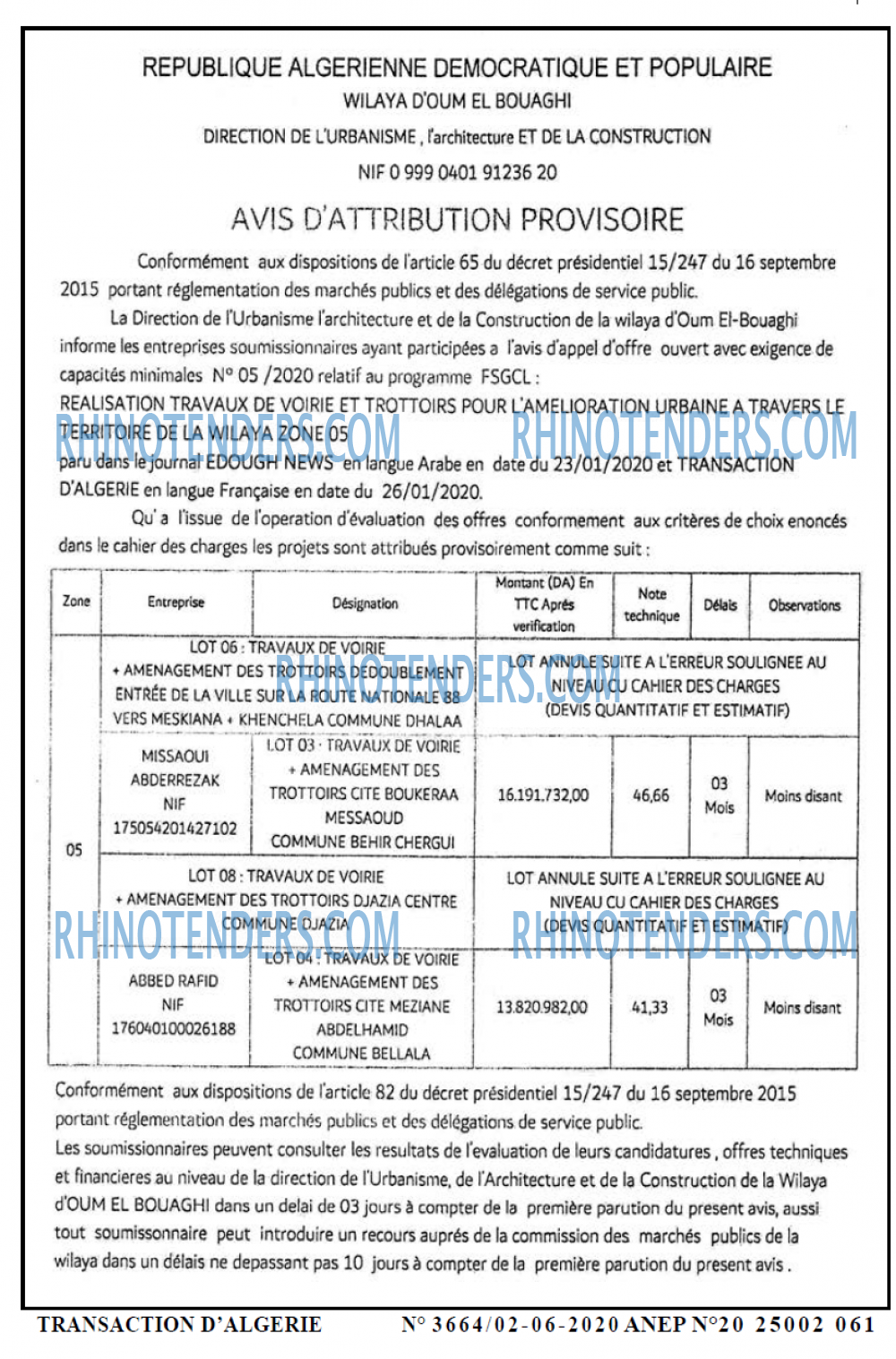 TRANSACTION D'ALGERIE