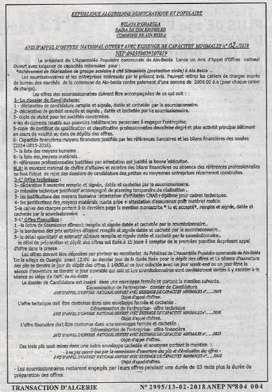 TRANSACTION D'ALGERIE