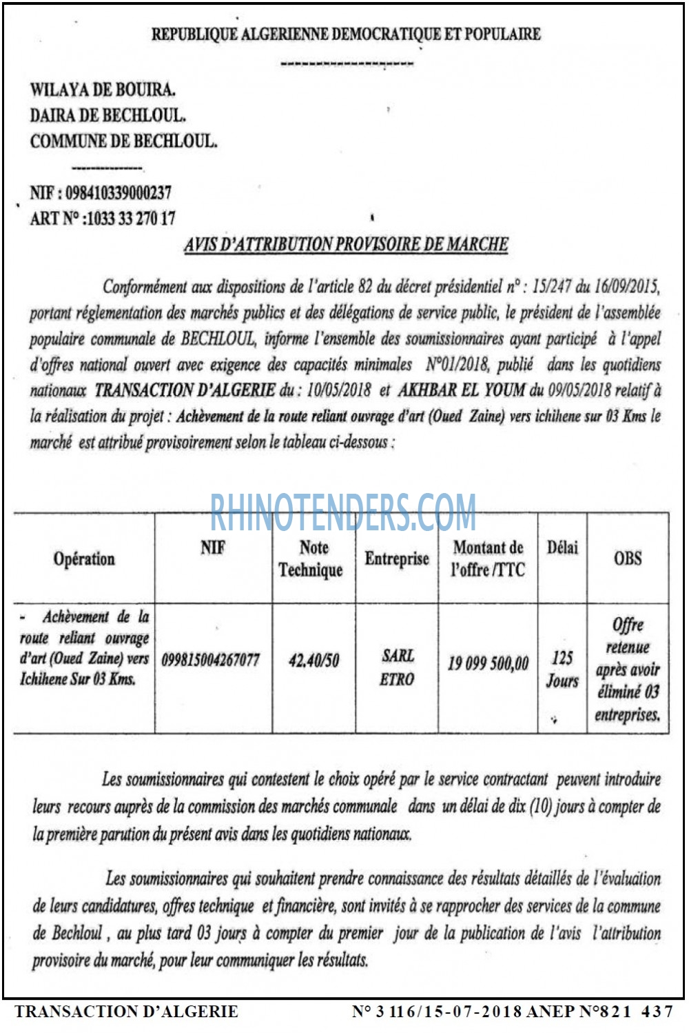 TRANSACTION D'ALGERIE