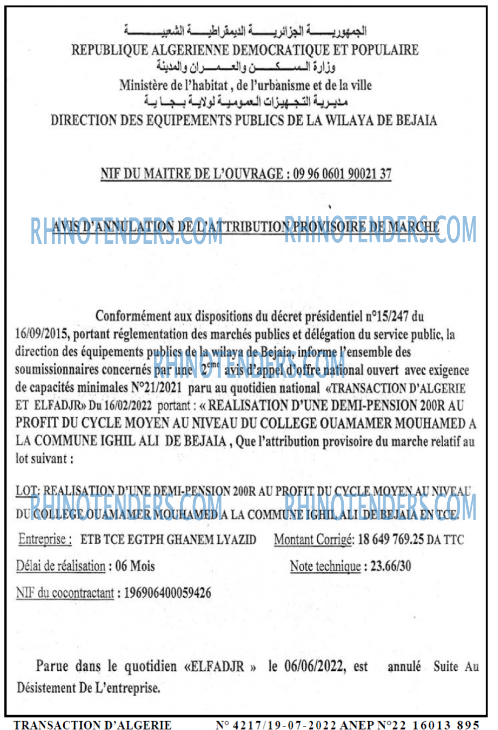 TRANSACTION D'ALGERIE