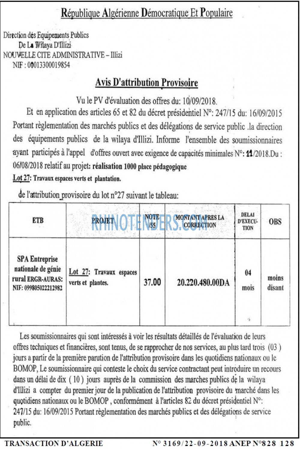 TRANSACTION D'ALGERIE