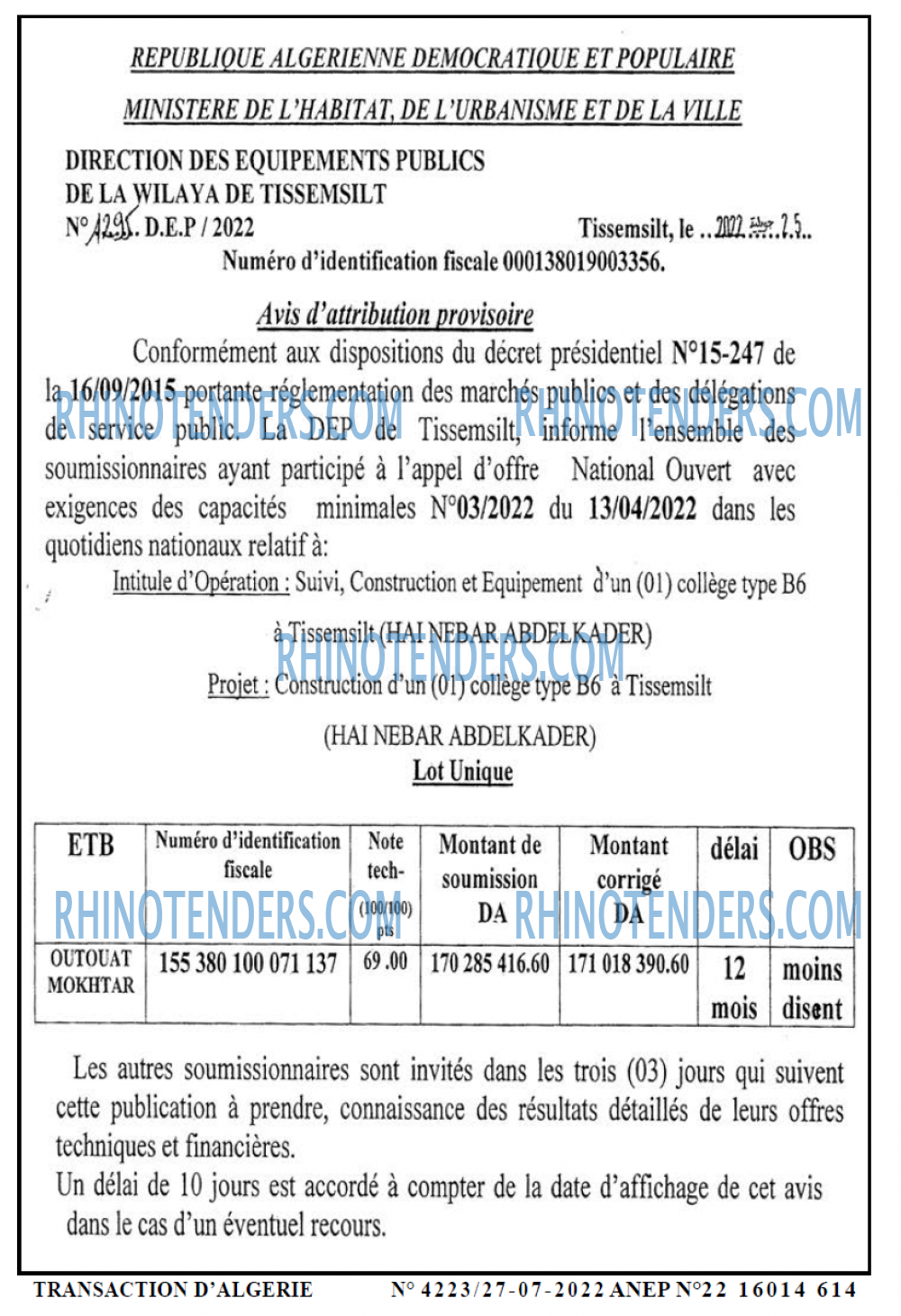 TRANSACTION D'ALGERIE