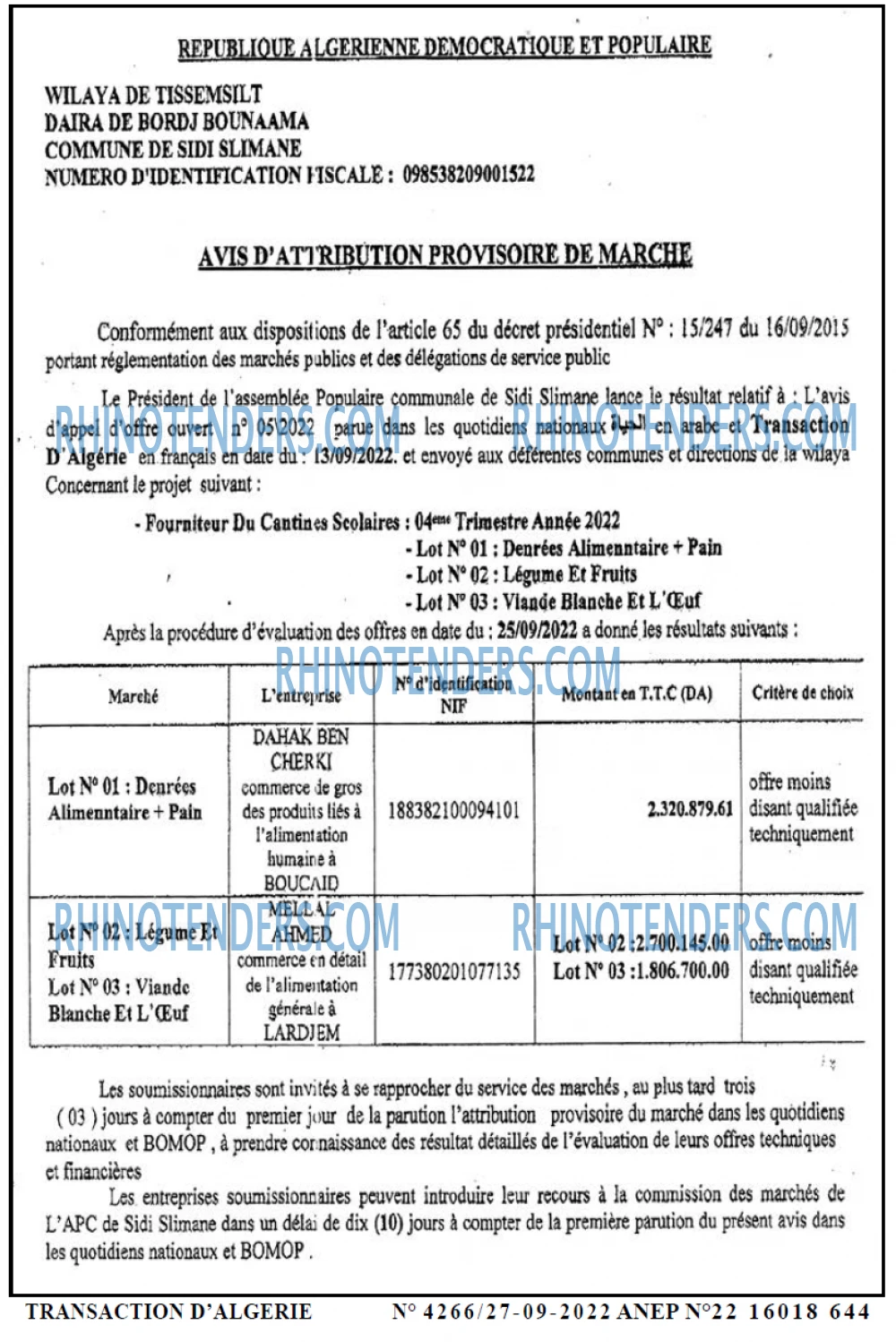 TRANSACTION D'ALGERIE