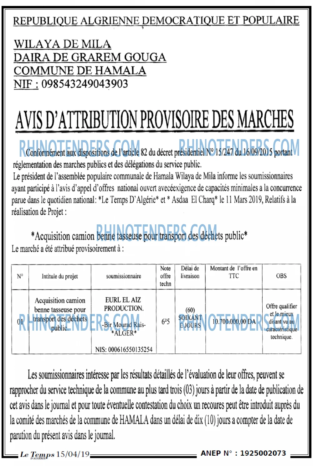LE TEMPS D'ALGERIE
