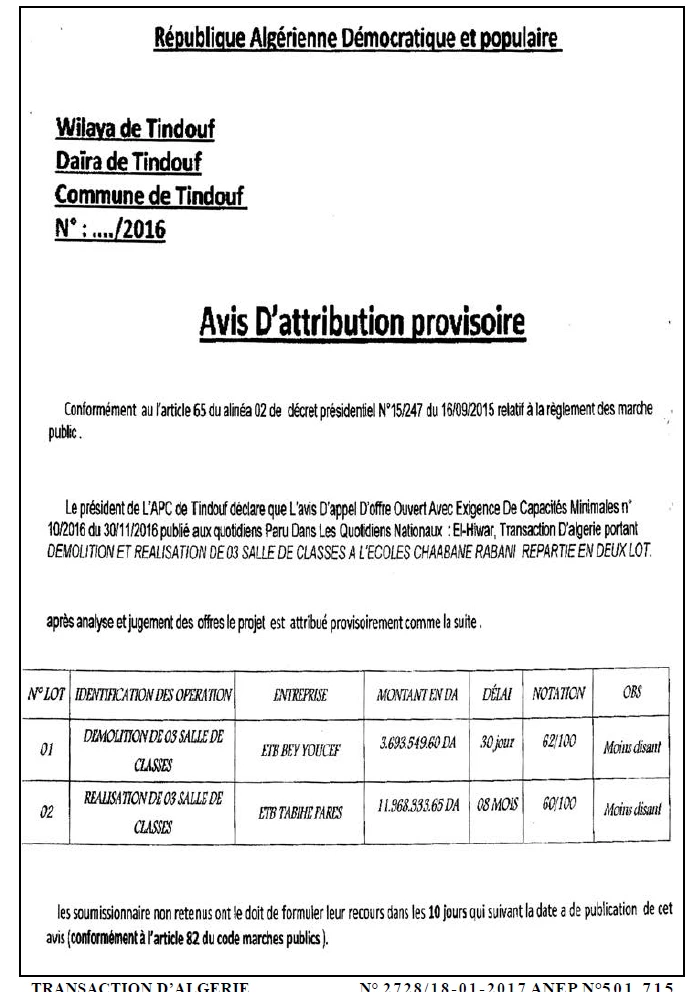 TRANSACTION D'ALGERIE