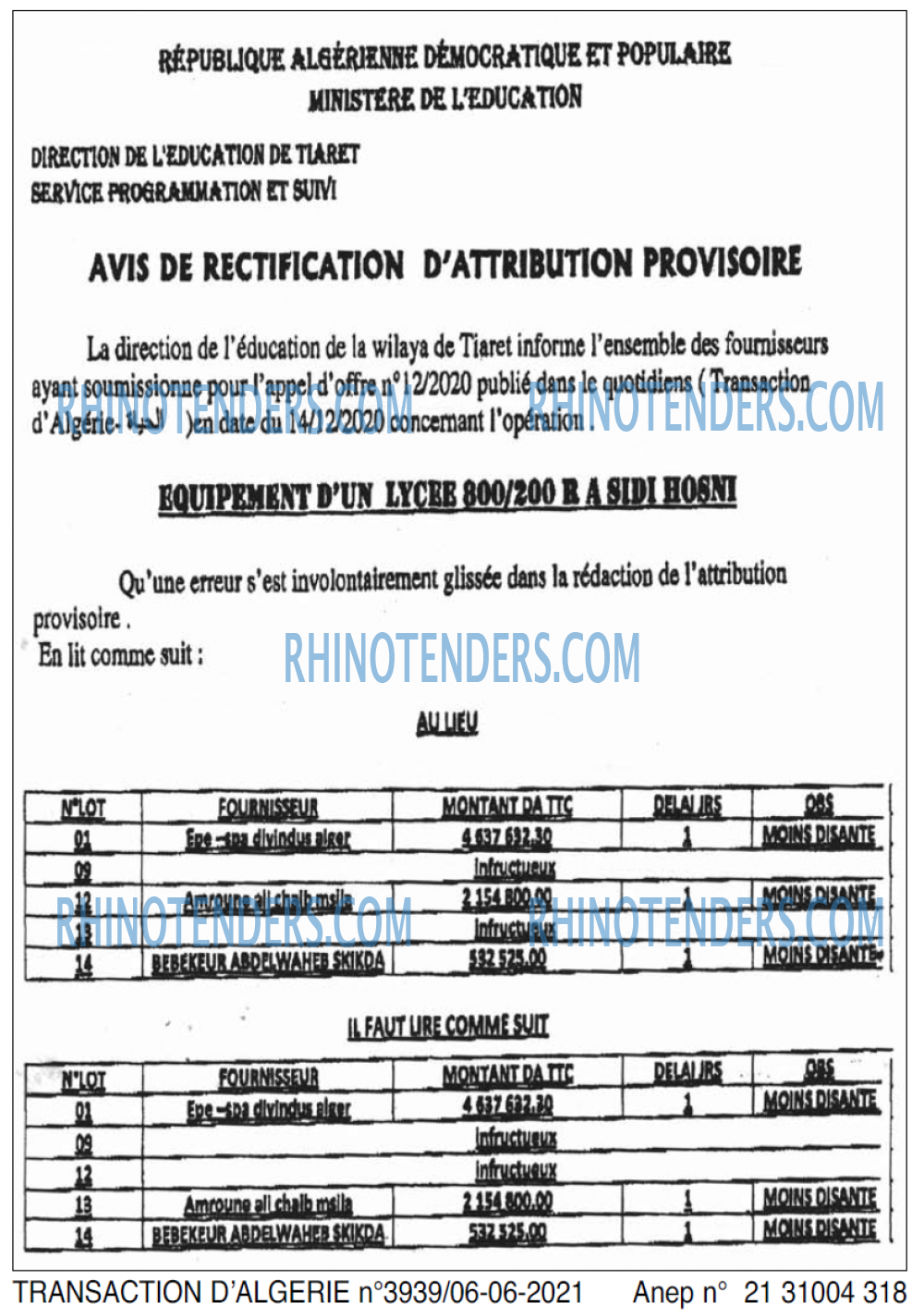 TRANSACTION D'ALGERIE