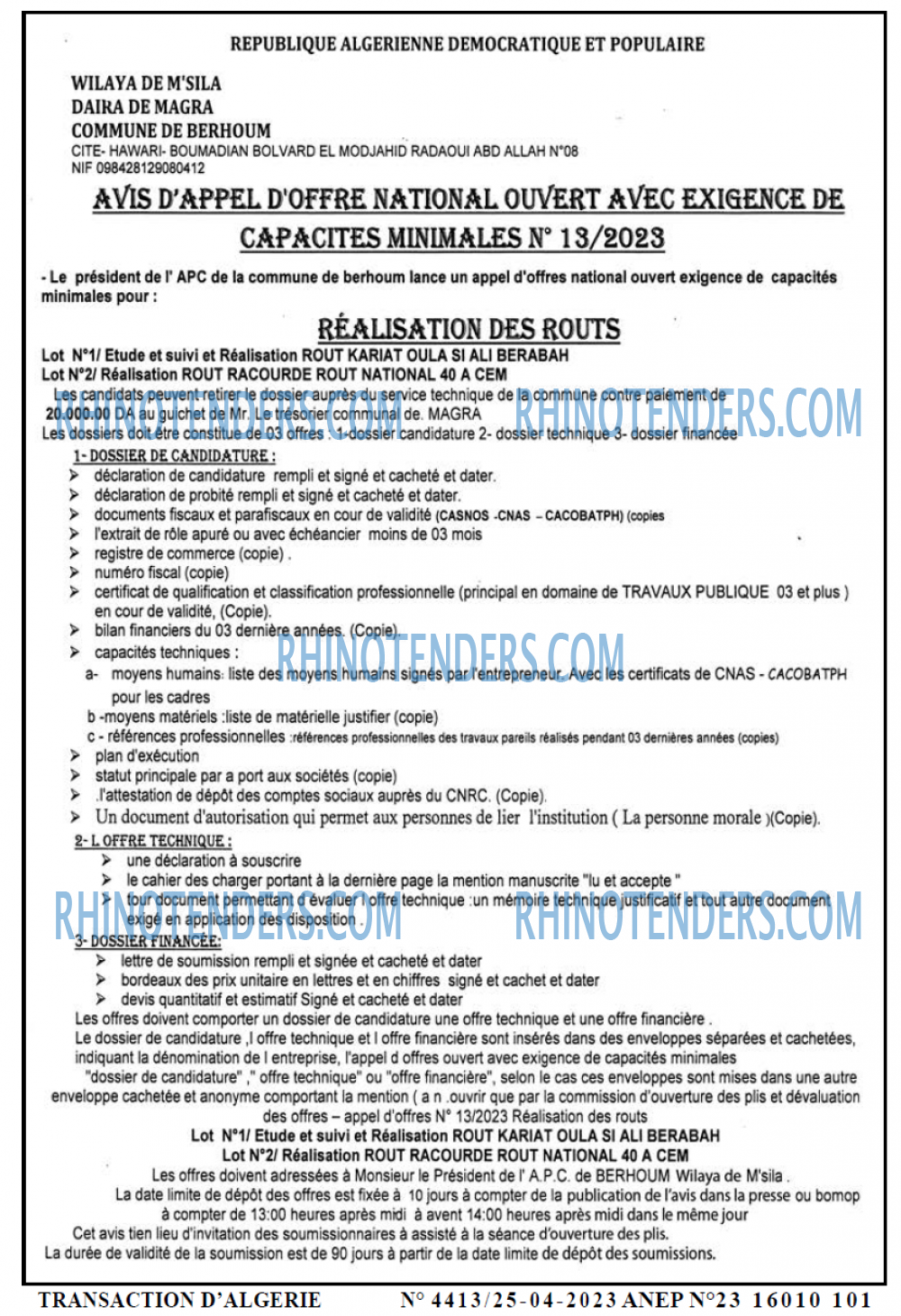 TRANSACTION D'ALGERIE