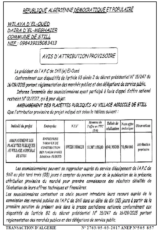 TRANSACTION D'ALGERIE