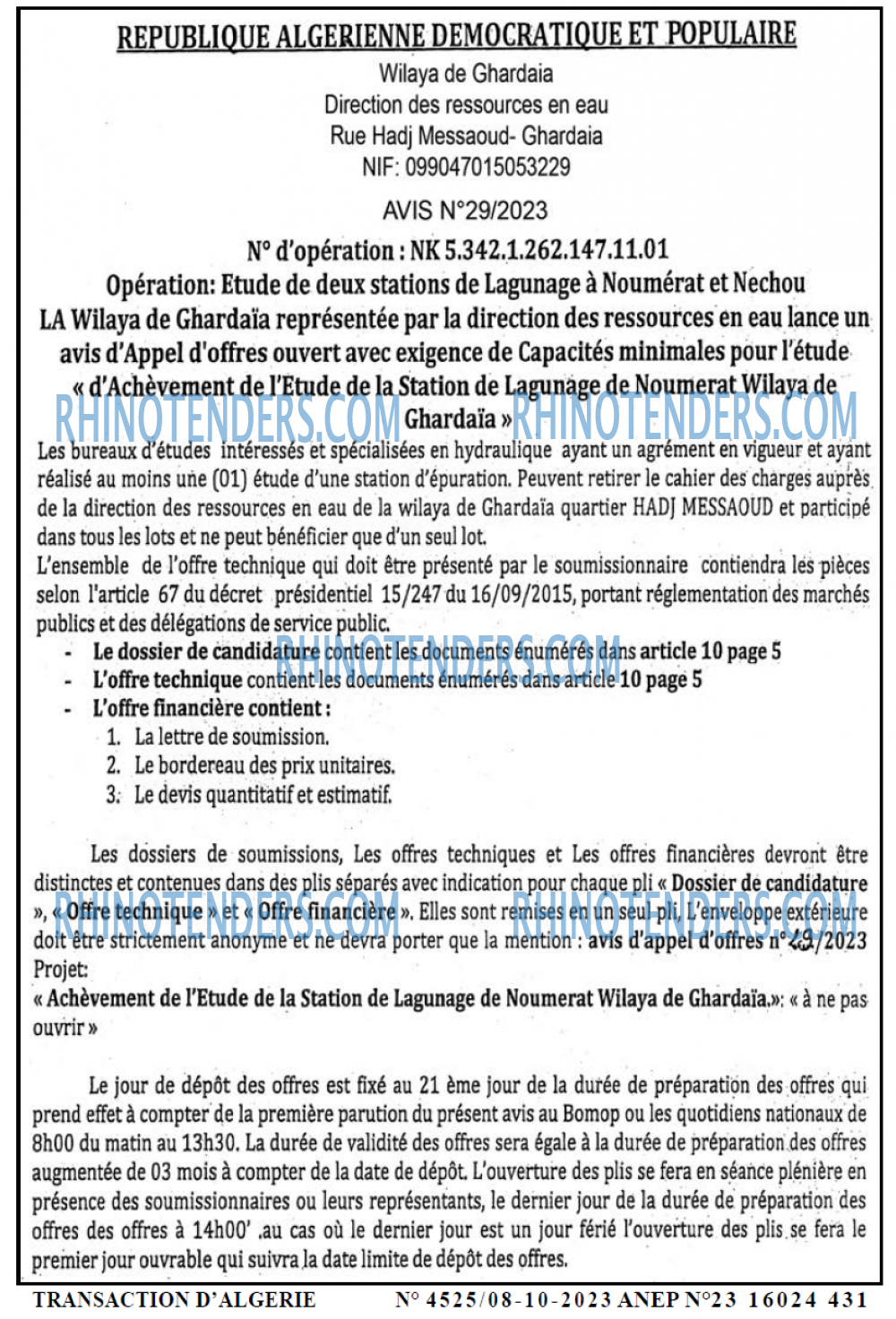 TRANSACTION D'ALGERIE