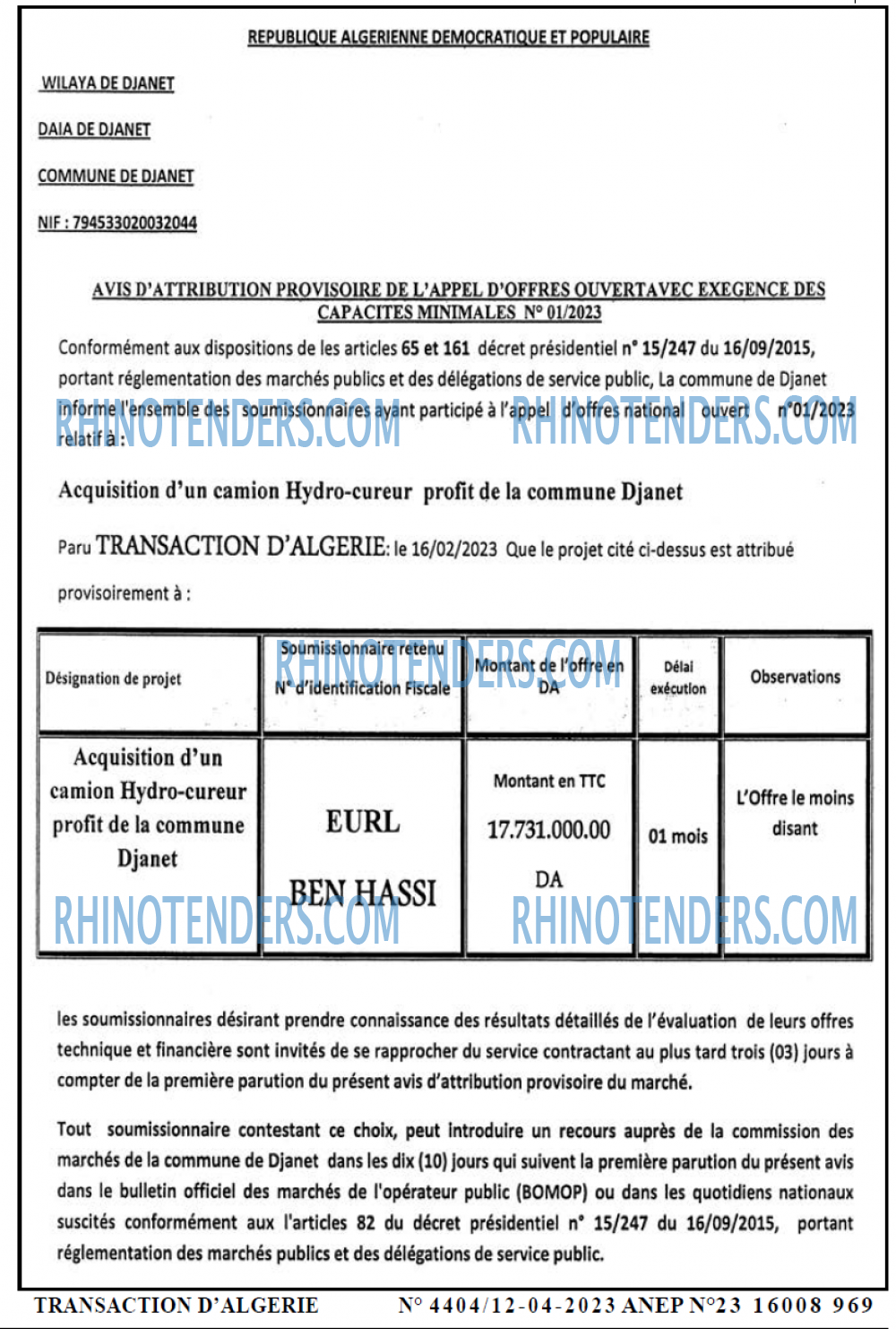 TRANSACTION D'ALGERIE