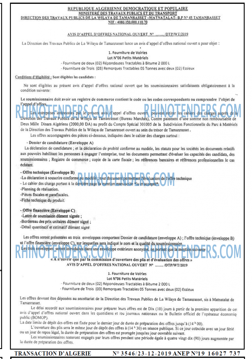 TRANSACTION D'ALGERIE