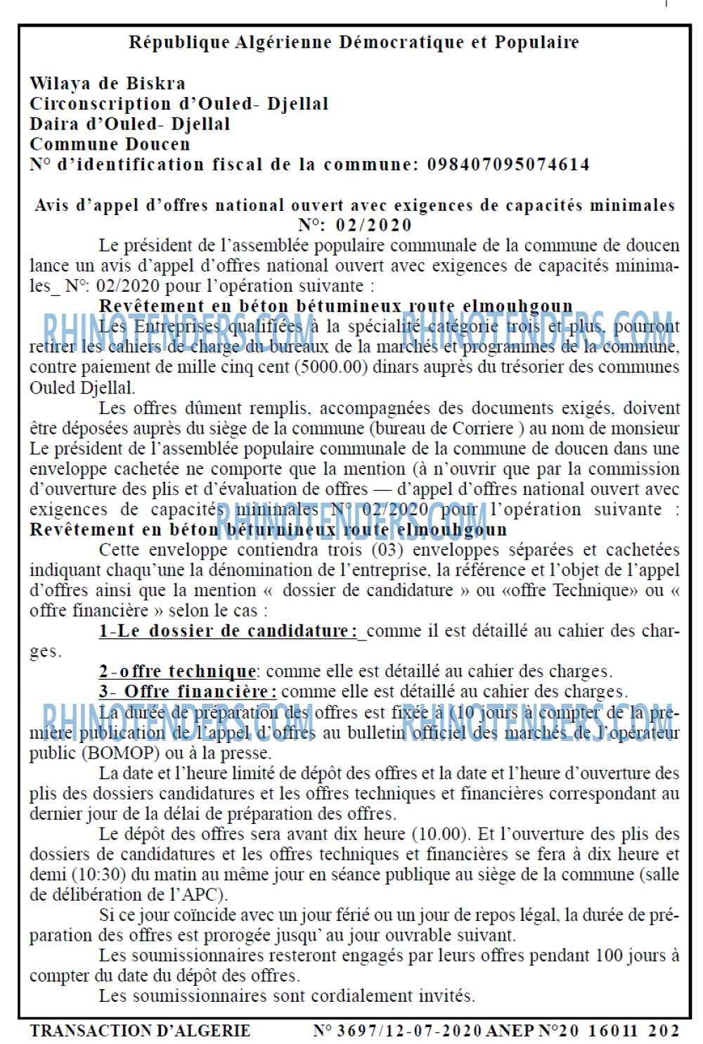 TRANSACTION D'ALGERIE
