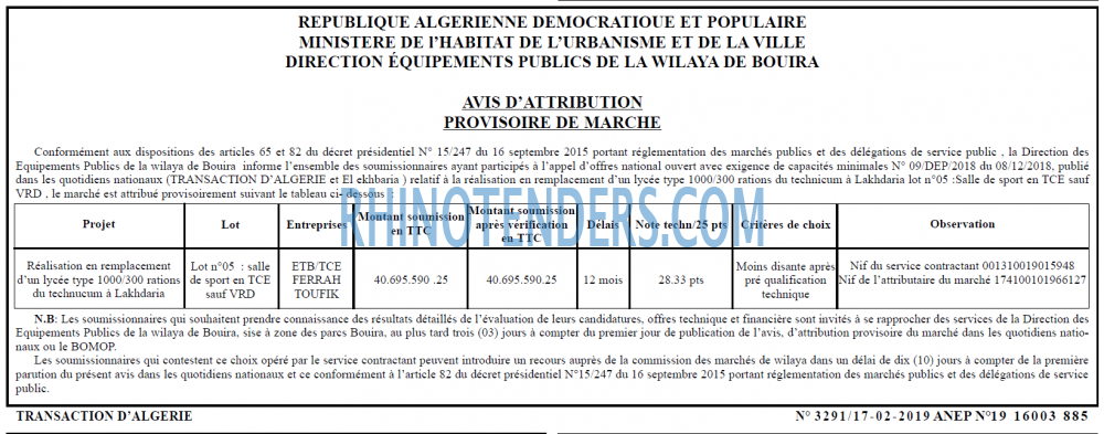 TRANSACTION D'ALGERIE