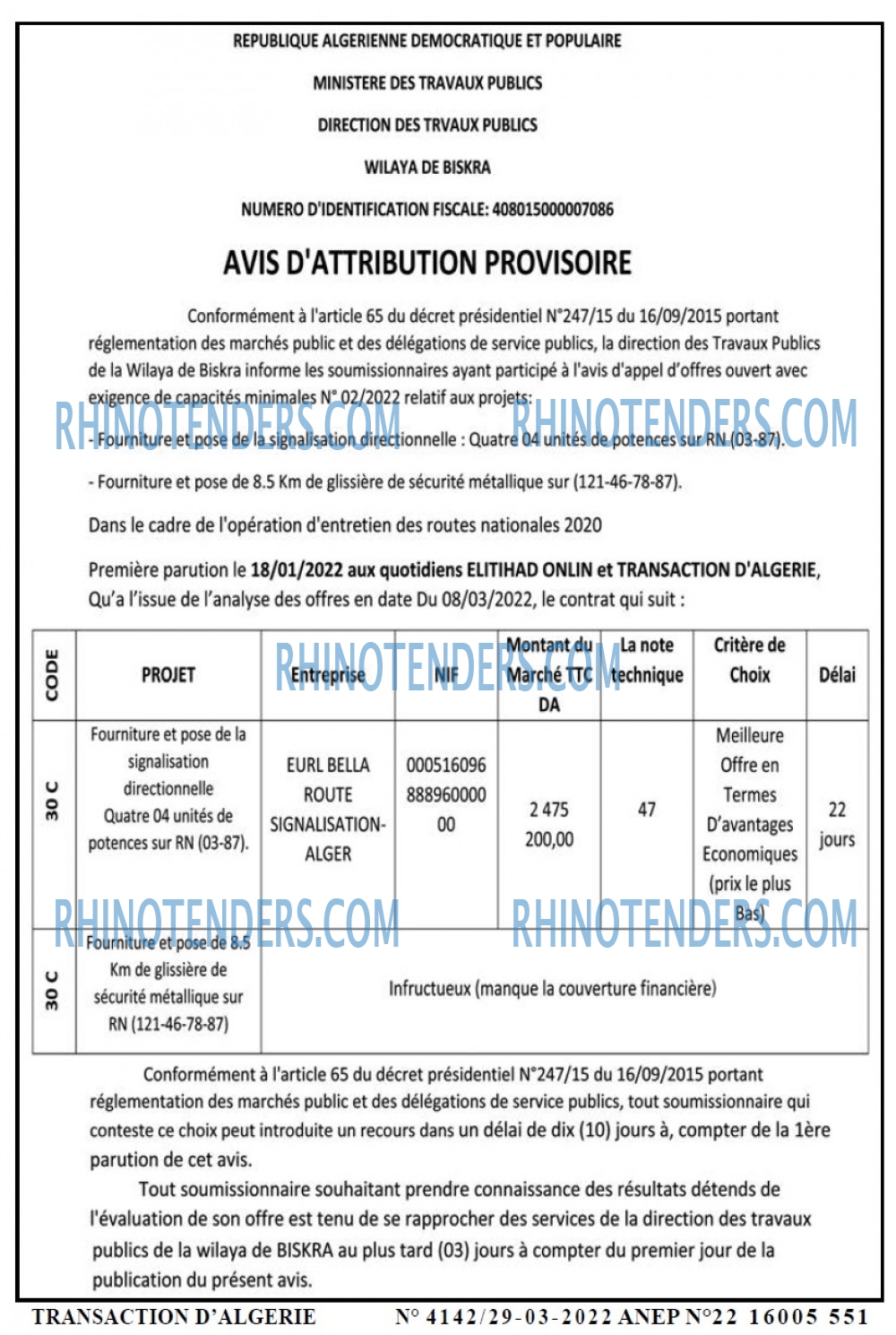 TRANSACTION D'ALGERIE