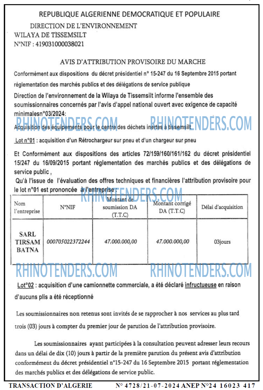 TRANSACTION D'ALGERIE