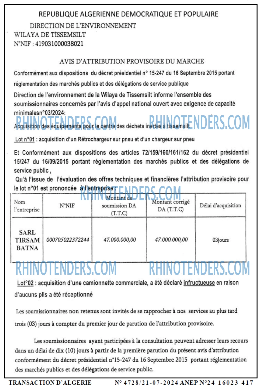 TRANSACTION D'ALGERIE