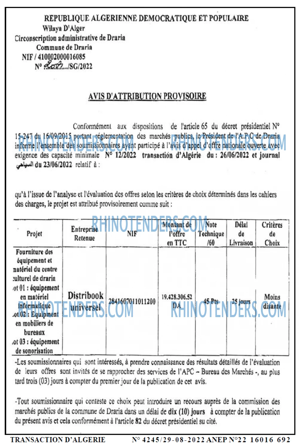 TRANSACTION D'ALGERIE