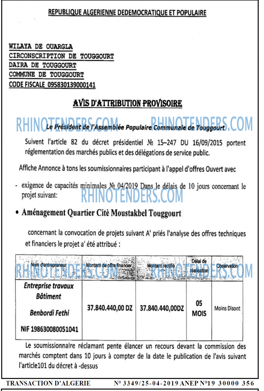 TRANSACTION D'ALGERIE