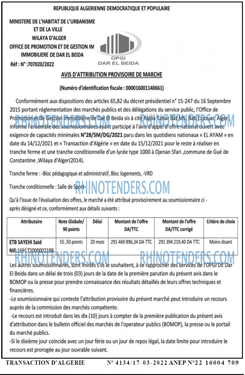 TRANSACTION D'ALGERIE