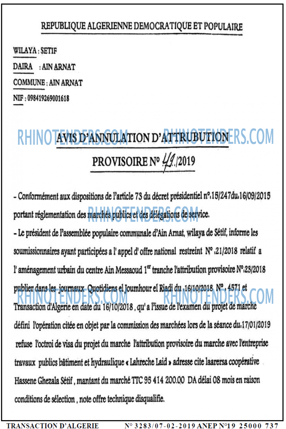 TRANSACTION D'ALGERIE