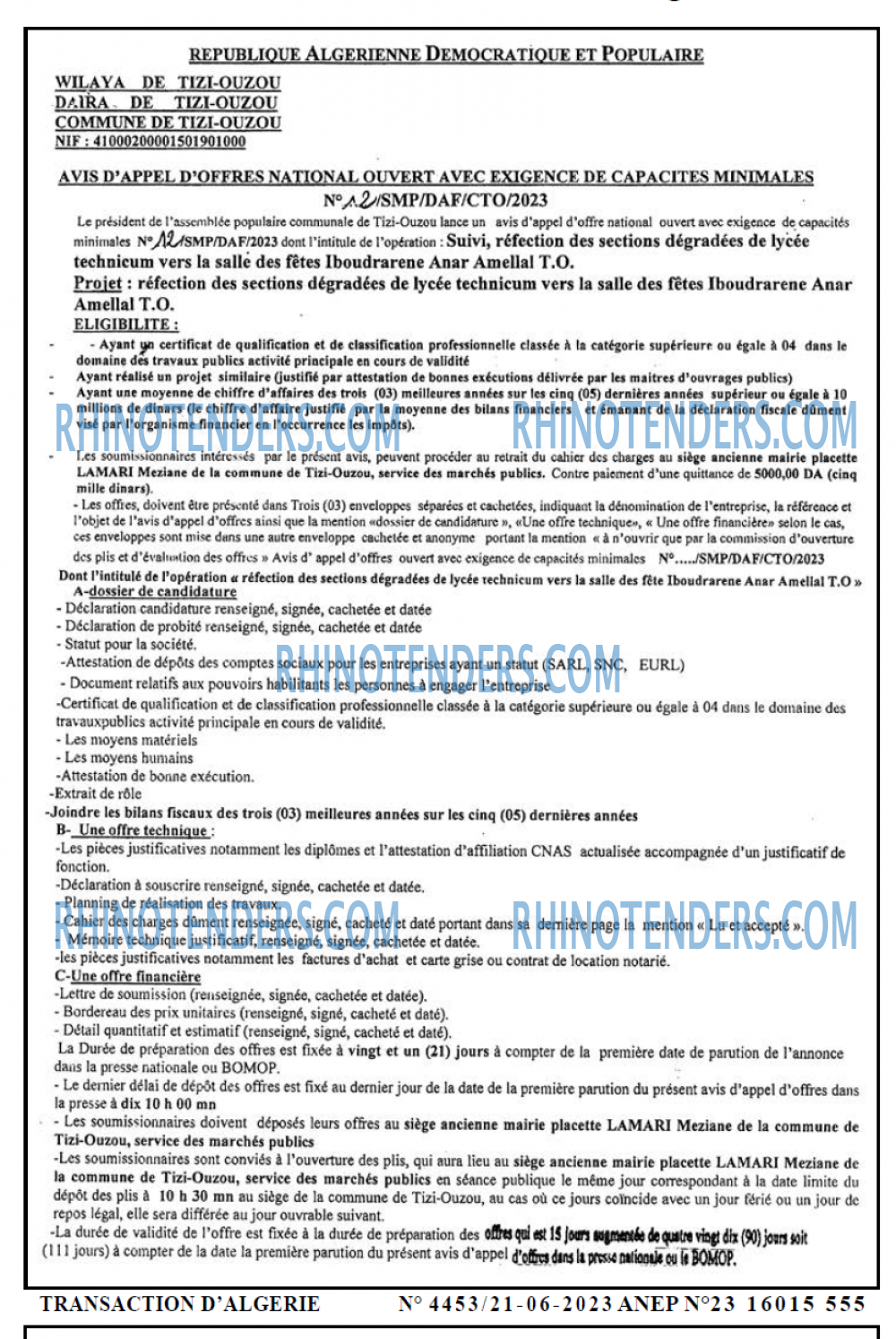 TRANSACTION D'ALGERIE