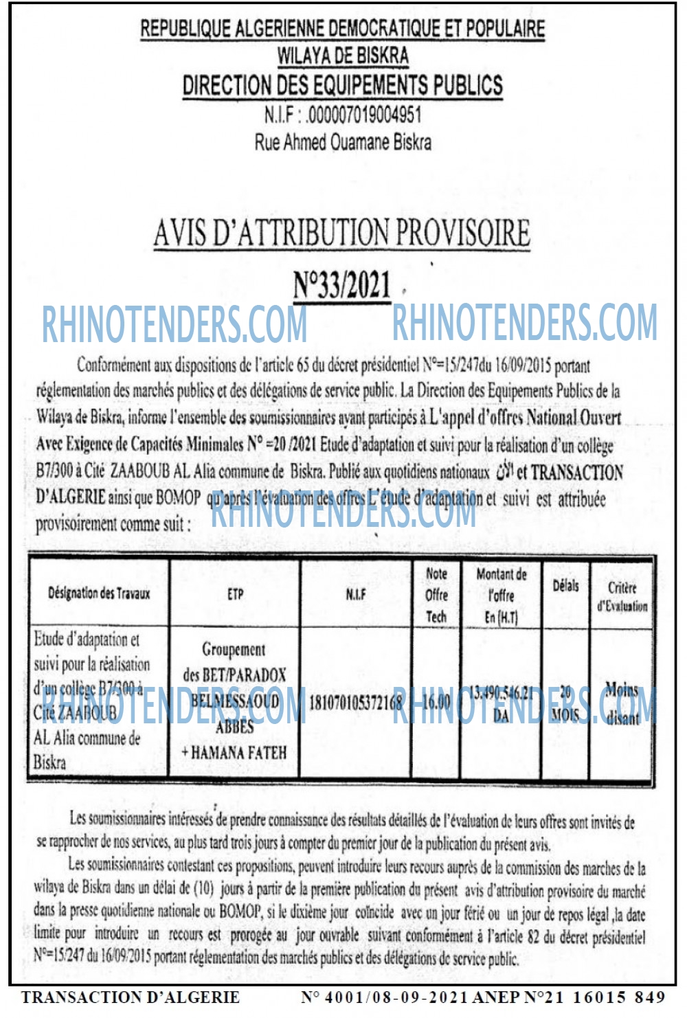 TRANSACTION D'ALGERIE