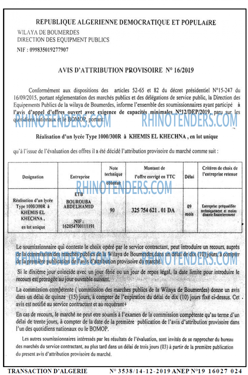 TRANSACTION D'ALGERIE