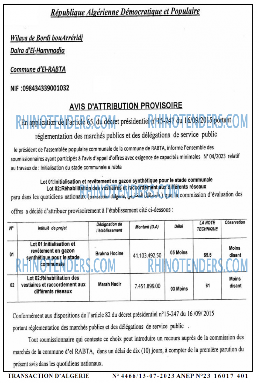 TRANSACTION D'ALGERIE