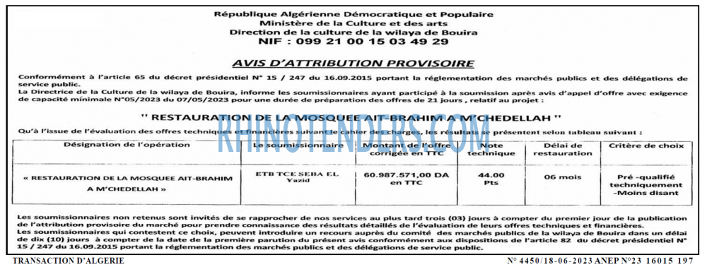 TRANSACTION D'ALGERIE