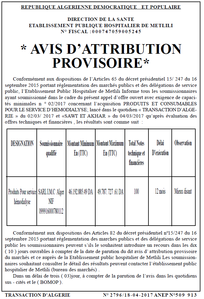 TRANSACTION D'ALGERIE