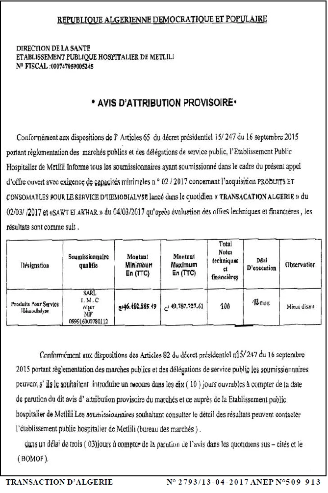 TRANSACTION D'ALGERIE